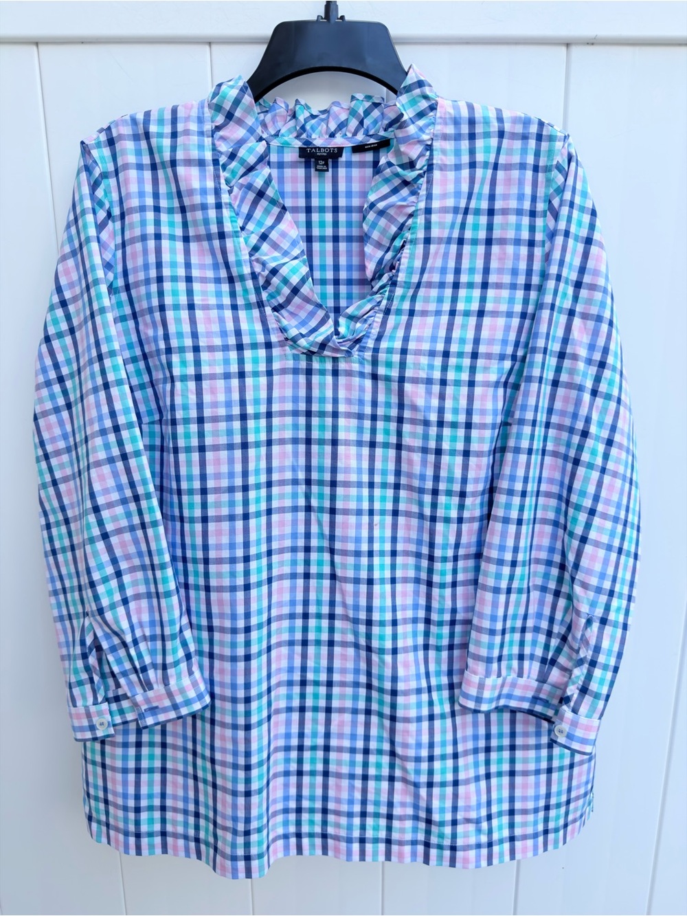 Talbots Non-Iron Pastel Plaid Ruffle V-Neck Shirt - Pink, Blue, Green 12P